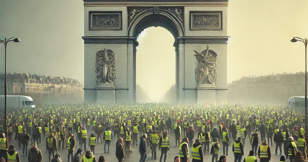 DALL·E 2024-11-07 07.35.28 – A realistic photograph of people wearing yellow vests gathered on Place de l’Étoile in Paris, in front of the Arc de Triomphe. The scene is atmospheri