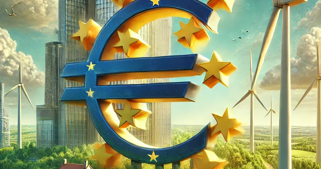 DALL·E 2024-11-04 22.19.51 – A realistic image representing the European economy and sustainability. In the foreground, a large Euro currency symbol with golden stars around it is