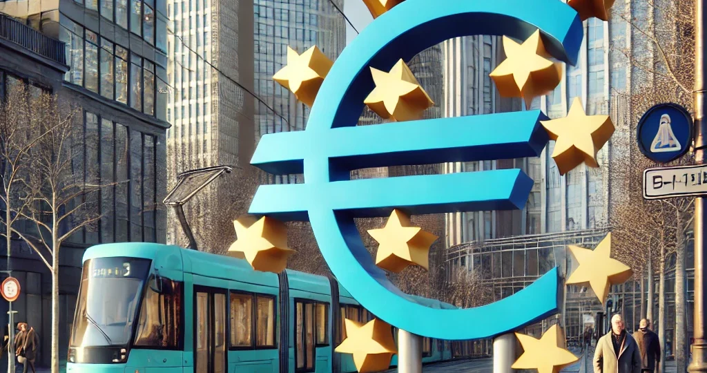 DALL·E 2024-11-05 08.06.47 – A realistic city scene with a large blue Euro currency symbol with golden stars prominently displayed in the foreground, symbolizing the European Unio