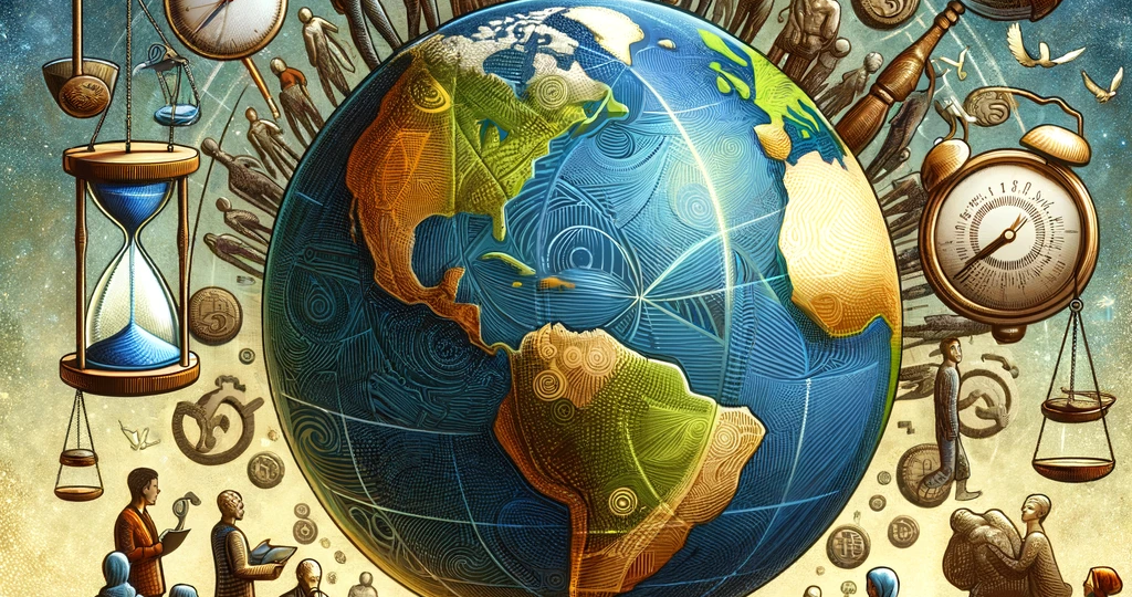 DALL·E 2023-11-20 12.24.04 – An artistic representation of Earth with humans and a unique monetary system, depicted through two key vectors time and ethics (quality). The image s