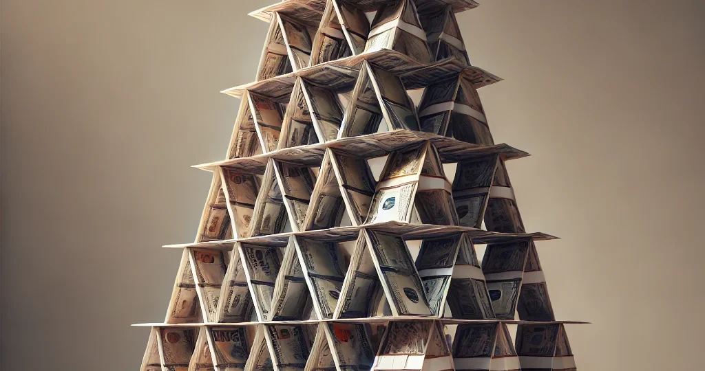 DALL·E 2024-11-07 07.32.22 – A realistic photograph of a large house of cards constructed from banknotes. The structure is carefully balanced and intricate, with layers of bills s